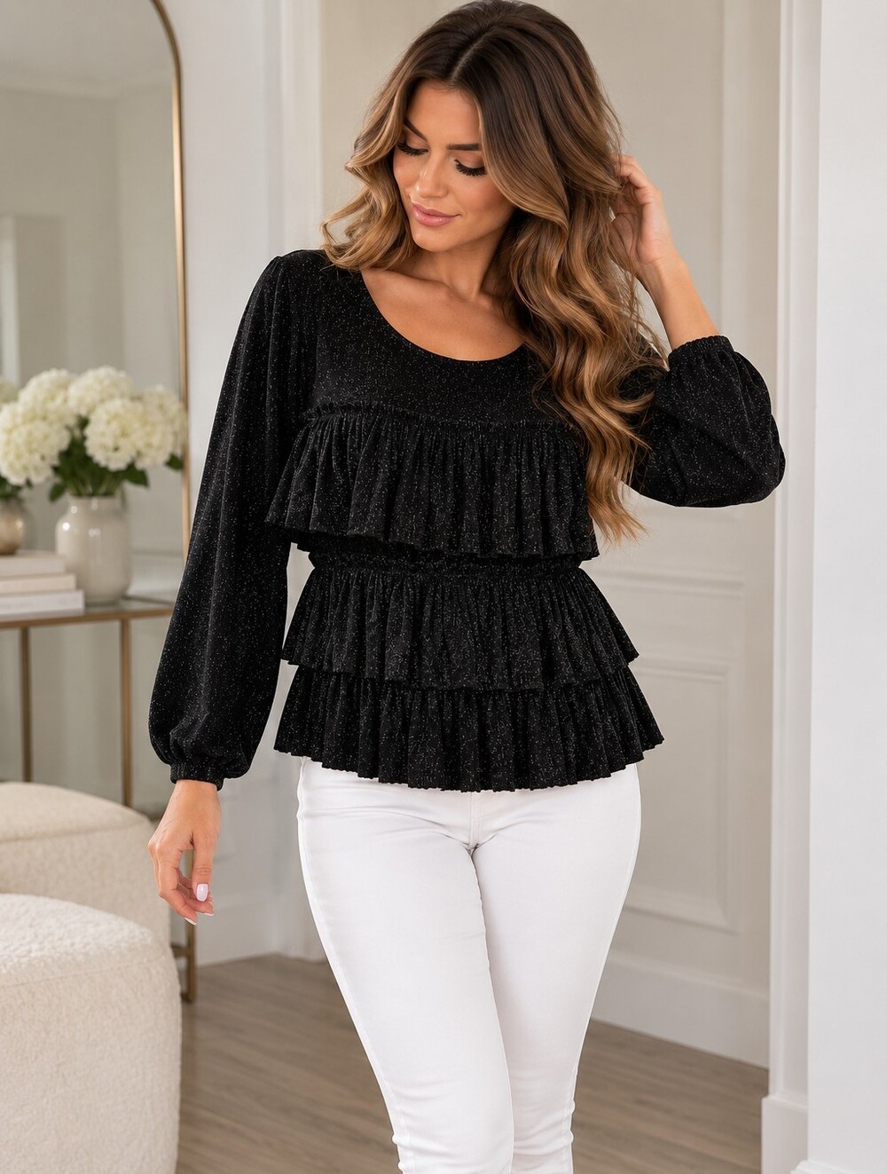 Black Sparkle Tiered Ruffle Long Sleeve Top